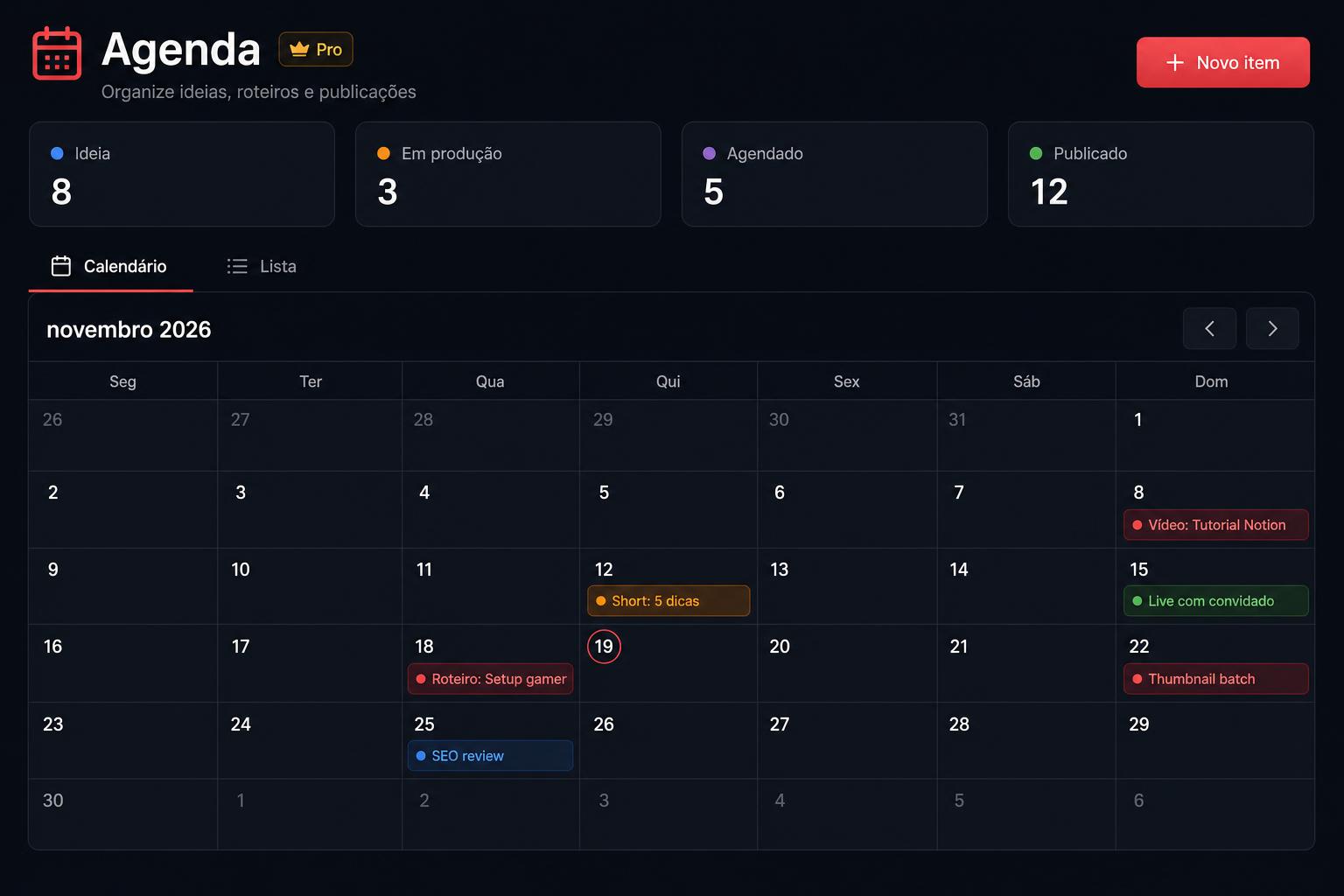 Tela da Agenda com calendário mensal e itens em vários status